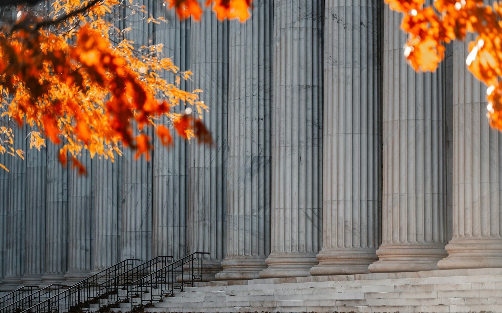 Stone courthouse columns with autumn leaves in the foreground